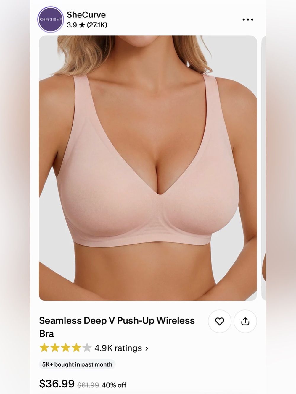 NEW SheCurve Seamless Deep V Push-Up Wireless Bra